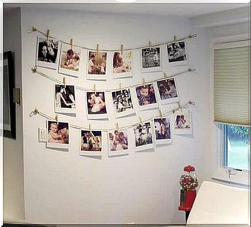 decorate with family photos suspended by a thread