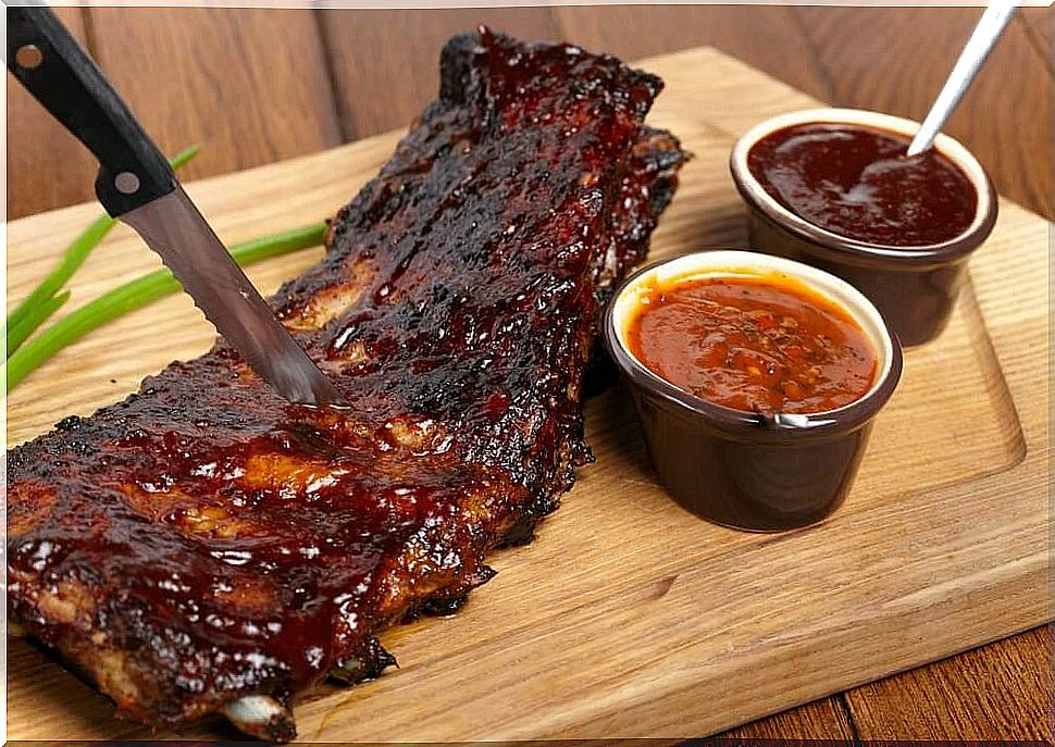 Pork ribs with barbecue sauce for a family barbecue.