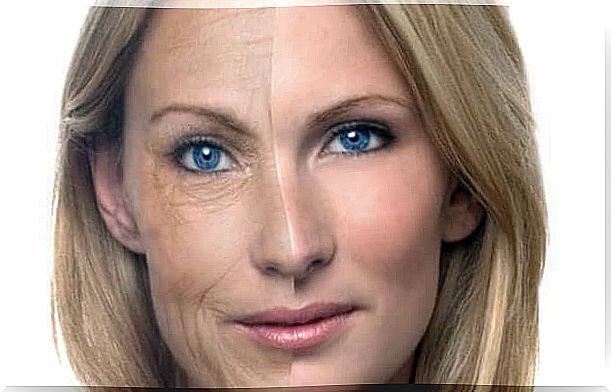 Half woman face with wrinkle and wrinkle free