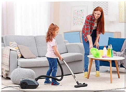 Mother and daughter housekeeping.