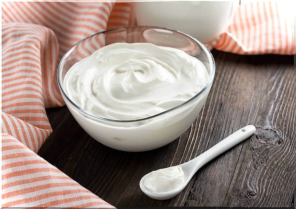 Vegan mayonnaise in the bowl and spoon